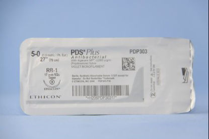 Picture of Antibacterial Suture with Needle PDS Plus™ Absorbable Uncoated Violet Suture Monofilament Polydioxanone with Irgacare MP Antibacterial Suture Size 5 - 0 27 Inch Suture 1-Needle 17 mm Length 1/2 Circle Taper Point NeedlePDP303H