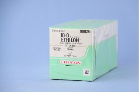 Picture of Suture with Needle Ethilon™ Nonabsorbable Uncoated Black Suture Monofilament Nylon Size 10 - 0 12 Inch Suture Double-Armed 7 mm Length 1/2 Circle Spatula Needle9002G