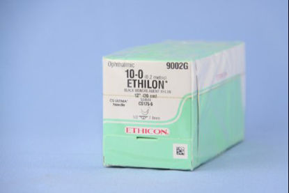 Picture of Suture with Needle Ethilon™ Nonabsorbable Uncoated Black Suture Monofilament Nylon Size 10 - 0 12 Inch Suture Double-Armed 7 mm Length 1/2 Circle Spatula Needle9002G