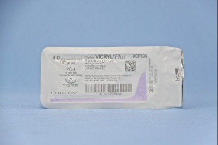Picture of Antibacterial Suture with Needle Coated Vicryl™ Plus Absorbable Coated Undyed Suture Braided Polyglactin 910 with Irgacare MP Antibacterial Suture Size 4 - 0 18 Inch Suture 1-Needle 13 mm Length 3/8 Circle Precision Cosmetic - Conventional Cutting PRIME NeedleVCP835G