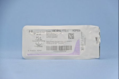 Picture of Antibacterial Suture with Needle Coated Vicryl™ Plus Absorbable Coated Undyed Suture Braided Polyglactin 910 with Irgacare MP Antibacterial Suture Size 4 - 0 18 Inch Suture 1-Needle 13 mm Length 3/8 Circle Precision Cosmetic - Conventional Cutting PRIME NeedleVCP835G