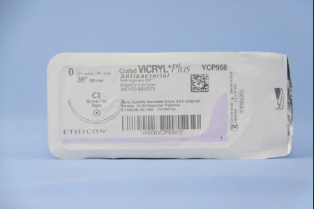Picture of Antibacterial Suture with Needle Coated Vicryl™ Plus Absorbable Coated Undyed Suture Braided Polyglactin 910 with Irgacare MP Antibacterial Suture Size 0 36 Inch Suture 1-Needle 40 mm Length 1/2 Circle Taper Point NeedleVCP958H