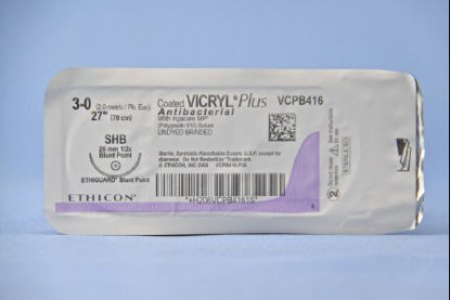 Picture of Antibacterial Suture with Needle Coated Vicryl™ Plus Absorbable Coated Undyed Suture Braided Polyglactin 910 with Irgacare MP Antibacterial Suture Size 3 - 0 27 Inch Suture 1-Needle 26 mm Length 1/2 Circle Blunt Point NeedleVCPB416H
