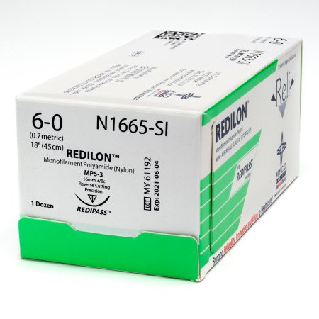 Picture of Suture with Needle Reli® Redilon™ Nonabsorbable Uncoated Black Suture Monofilament Nylon Size 6 - 0 18 Inch Suture 1-Needle 16 mm Length 3/8 Circle Conventional Cutting NeedleN1665-M