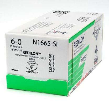 Picture of Suture with Needle Reli® Redilon™ Nonabsorbable Uncoated Black Suture Monofilament Nylon Size 6 - 0 18 Inch Suture 1-Needle 16 mm Length 3/8 Circle Conventional Cutting NeedleN1665-M