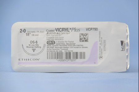 Picture of Antibacterial Suture with Needle Coated Vicryl™ Plus Absorbable Coated Undyed Suture Braided Polyglactin 910 with Irgacare MP Antibacterial Suture Size 2 - 0 18 Inch Suture 1-Needle 36.4 mm Length 1/2 Circle Reverse Cutting NeedleVCP750T