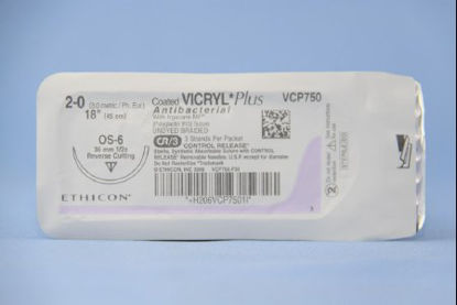 Picture of Antibacterial Suture with Needle Coated Vicryl™ Plus Absorbable Coated Undyed Suture Braided Polyglactin 910 with Irgacare MP Antibacterial Suture Size 2 - 0 18 Inch Suture 1-Needle 36.4 mm Length 1/2 Circle Reverse Cutting NeedleVCP750T