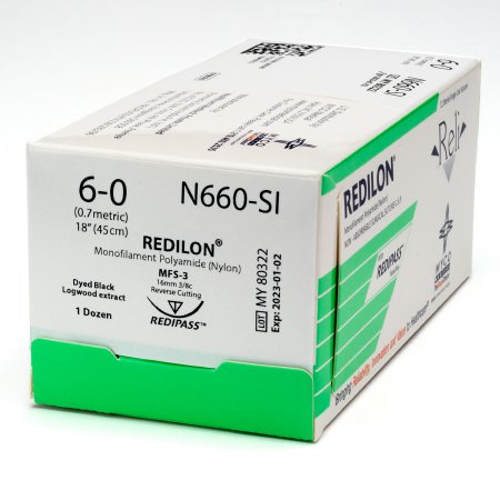 Picture of Suture with Needle Reli® Redilon™ Nonabsorbable Uncoated Black Suture Monofilament Nylon Size 6 - 0 18 Inch Suture 1-Needle 16 mm Length 3/8 Circle Reverse Cutting NeedleN660-M