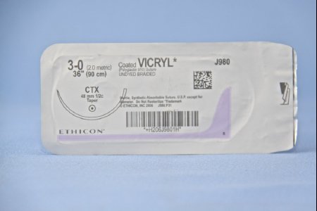 Picture of Suture with Needle Coated Vicryl™ Absorbable Coated Undyed Suture Braided Polyglactin 910 Size 3 - 0 36 Inch Suture 1-Needle 48 mm Length 1/2 Circle Taper Point NeedleJ980H