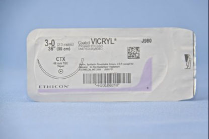 Picture of Suture with Needle Coated Vicryl™ Absorbable Coated Undyed Suture Braided Polyglactin 910 Size 3 - 0 36 Inch Suture 1-Needle 48 mm Length 1/2 Circle Taper Point NeedleJ980H