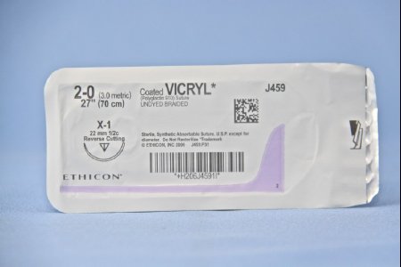 Picture of Suture with Needle Coated Vicryl™ Absorbable Coated Violet Suture Braided Polyglactin 910 Size 0 27 Inch Suture 1-Needle 40 mm Length 1/2 Circle Reverse Cutting NeedleJ479H