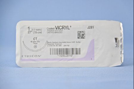 Picture of Suture with Needle Coated Vicryl™ Absorbable Coated Undyed Suture Braided Polyglactin 910 Size 1 27 Inch Suture 1-Needle 40 mm Length 1/2 Circle Taper Point NeedleJ281H