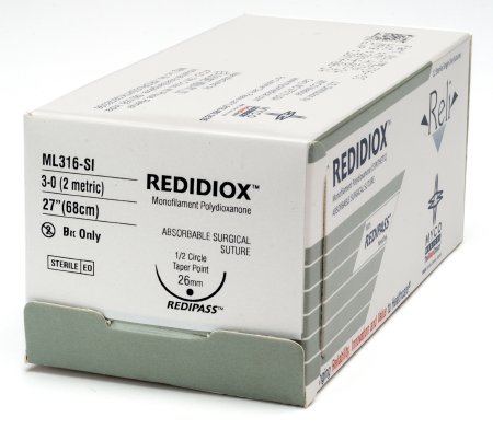 Picture of Suture with Needle Reli® Absorbable Uncoated Violet Suture Monofilament Polydioxanone Size 3 - 0 27 Inch Suture 1-Needle 26 mm Length 1/2 Circle Taper Point NeedleML316-SI