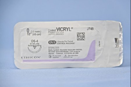 Picture of Suture with Needle Coated Vicryl™ Absorbable Coated Undyed Suture Braided Polyglactin 910 Size 0 18 Inch Suture 1-Needle 22 mm Length 1/2 Circle Reverse Cutting NeedleJ749T