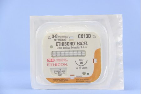 Picture of Suture with Needle Ethibond Nonabsorbable Coated Green Suture Braided Polyester Size 3 - 0 18 Inch Suture 1-Needle 26 mm Length 1/2 Circle Taper Point NeedleCX13D
