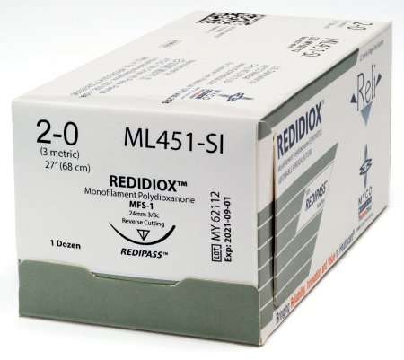 Picture of Suture with Needle Reli® Absorbable Uncoated Violet Suture Monofilament Polydioxanone Size 2 - 0 27 Inch Suture 1-Needle 24 mm Length 3/8 Circle Reverse Cutting NeedleML451-SI