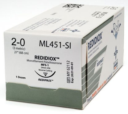 Picture of Suture with Needle Reli® Absorbable Uncoated Violet Suture Monofilament Polydioxanone Size 2 - 0 27 Inch Suture 1-Needle 24 mm Length 3/8 Circle Reverse Cutting NeedleML451-SI