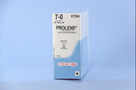 Picture of Suture with Needle Prolene™ Nonabsorbable Uncoated Blue Suture Monofilament Polypropylene Suture Size 7 - 0 24 Inch Suture Double-Armed 8 mm Length 3/8 Circle Taper Point Needle8735H
