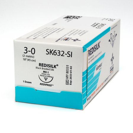 Picture of Suture with Needle Reli® Redisilk™ Nonabsorbable Uncoated Black Suture Braided Silk Size 3 - 0 18 Inch Suture 1-Needle 23 mm Length 1/2 Circle Reverse Cutting NeedleSK632-SI