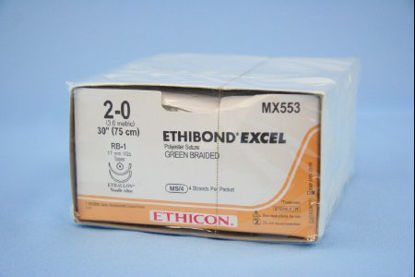 Picture of Suture with Needle Ethibond Nonabsorbable Coated Green Suture Braided Polyester Size 2 - 0 30 Inch Suture Double-Armed 17 mm Length 1/2 Circle Taper Point NeedleMX553