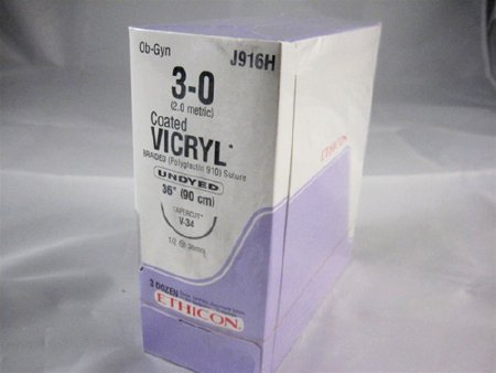 Picture of Suture with Needle Coated Vicryl™ Absorbable Coated Undyed Suture Braided Polyglactin 910 Size 3 - 0 36 Inch Suture 1-Needle 36.4 mm Length 1/2 Circle Taper Point Cutting NeedleJ916H