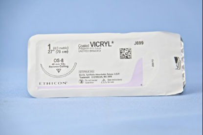 Picture of Suture with Needle Coated Vicryl™ Absorbable Coated Undyed Suture Braided Polyglactin 910 Size 1 27 Inch Suture 1-Needle 40 mm Length 1/2 Circle Reverse Cutting NeedleJ699H