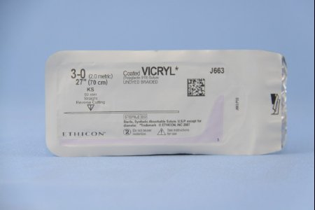 Picture of Suture with Needle Coated Vicryl™ Absorbable Coated Undyed Suture Braided Polyglactin 910 Size 3 - 0 27 Inch Suture 1-Needle 60 mm Length Straight Conventional Cutting NeedleJ663H