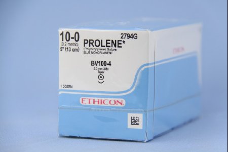 Picture of Suture with Needle Prolene™ Nonabsorbable Uncoated Blue Suture Monofilament Polypropylene Suture Size 10 - 0 5 Inch Suture 1-Needle 3.9 mm Length 3/8 Circle Taper Point Needle2794G