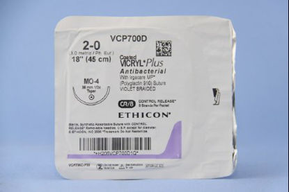Picture of Antibacterial Suture with Needle Coated Vicryl™ Plus Absorbable Coated Violet Suture Braided Polyglactin 910 with Irgacare MP Antibacterial Suture Size 2 - 0 18 Inch Suture 1-Needle 36.4 mm Length 1/2 Circle Taper Point NeedleVCP700D