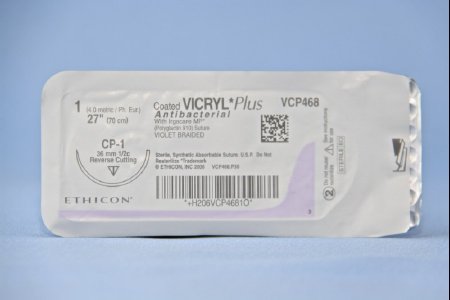 Picture of Antibacterial Suture with Needle Coated Vicryl™ Plus Absorbable Coated Violet Suture Braided Polyglactin 910 with Irgacare MP Antibacterial Suture Size 1 27 Inch Suture 1-Needle 36 mm Length 1/2 Circle Reverse Cutting NeedleVCP468H