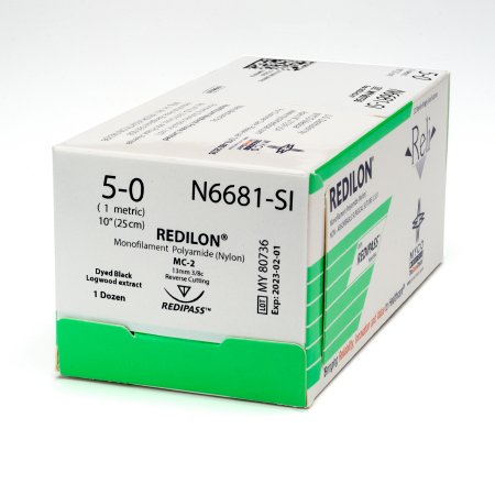 Picture of Suture with Needle Reli® Redilon™ Nonabsorbable Uncoated Black Suture Monofilament Nylon Size 5 - 0 10 Inch Suture 1-Needle 13 mm Length 3/8 Circle Reverse Cutting NeedleN6681-M