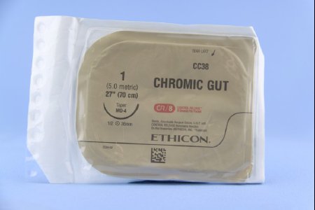 Picture of Suture with Needle Absorbable Uncoated Undyed Suture Chromic Gut Size 1 27 Inch Suture 1-Needle 36.4 mm Length 1/2 Circle Taper Point NeedleCC38G