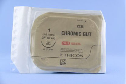 Picture of Suture with Needle Absorbable Uncoated Undyed Suture Chromic Gut Size 1 27 Inch Suture 1-Needle 36.4 mm Length 1/2 Circle Taper Point NeedleCC38G