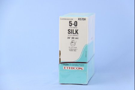 Picture of Suture with Needle Perma-Hand™ Nonabsorbable Coated Black Suture Braided Silk Size 5 - 0 24 Inch Suture Double-Armed 17 mm Length 1/2 Circle Taper Point NeedleK570H