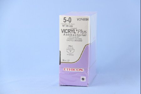 Picture of Antibacterial Suture with Needle Coated Vicryl™ Plus Absorbable Coated Undyed Suture Braided Polyglactin 910 with Irgacare MP Antibacterial Suture Size 5 - 0 18 Inch Suture 1-Needle 19 mm Length 3/8 Circle Precision Point - Reverse Cutting NeedleVCP495H