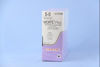 Picture of Antibacterial Suture with Needle Coated Vicryl™ Plus Absorbable Coated Undyed Suture Braided Polyglactin 910 with Irgacare MP Antibacterial Suture Size 5 - 0 18 Inch Suture 1-Needle 19 mm Length 3/8 Circle Precision Point - Reverse Cutting NeedleVCP495H