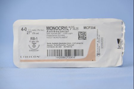 Picture of Antibacterial Suture with Needle Monocryl™ Plus Absorbable Uncoated Violet Suture Poliglecaprone 25 with Irgacare MP Antibacterial Suture Size 4 - 0 27 Inch Suture 1-Needle 17 mm Length 1/2 Circle Taper Point NeedleMCP304H