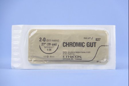 Picture of Suture with Needle Absorbable Uncoated Undyed Suture Chromic Gut Size 2 - 0 27 Inch Suture 1-Needle 36.4 mm Length 1/2 Circle Taper Cut Needle837H