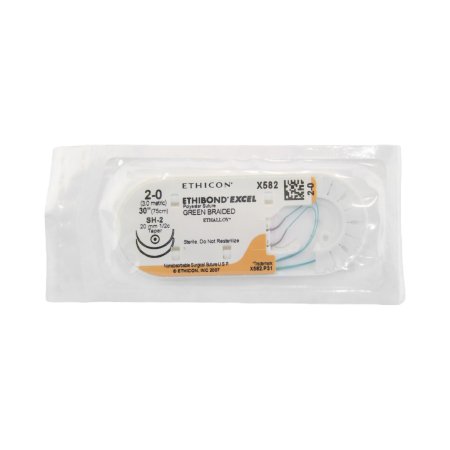 Picture of Suture with Needle Ethibond Nonabsorbable Coated Green Suture Braided Polyester Size 2 - 0 30 Inch Suture Double-Armed 20 mm Length 1/2 Circle Taper Point NeedleX582H
