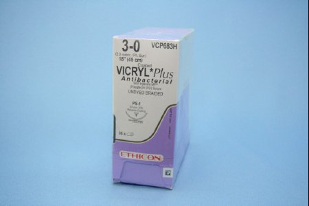 Picture of Antibacterial Suture with Needle Coated Vicryl™ Plus Absorbable Coated Undyed Suture Braided Polyglactin 910 with Irgacare MP Antibacterial Suture Size 3 - 0 18 Inch Suture 1-Needle 24 mm Length 3/8 Circle Precision Point - Reverse Cutting NeedleVCP683H