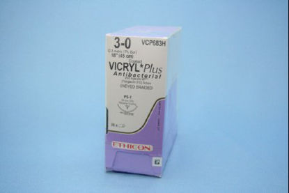 Picture of Antibacterial Suture with Needle Coated Vicryl™ Plus Absorbable Coated Undyed Suture Braided Polyglactin 910 with Irgacare MP Antibacterial Suture Size 3 - 0 18 Inch Suture 1-Needle 24 mm Length 3/8 Circle Precision Point - Reverse Cutting NeedleVCP683H
