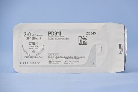 Picture of Suture with Needle PDS™ II Absorbable Uncoated Violet Suture Monofilament Polydioxanone Size 2 - 0 36 Inch Suture 1-Needle 36.4 mm Length 1/2 Circle Blunt Point NeedleZB345