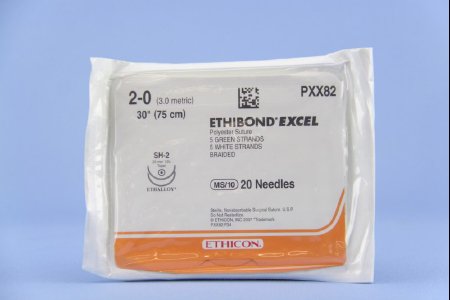 Picture of Suture with Needle Ethibond Nonabsorbable Coated Green / White Suture Braided Polyester Size 2 - 0 30 Inch Suture Double-Armed 20 mm Length 1/2 Circle Taper Point NeedlePXX82