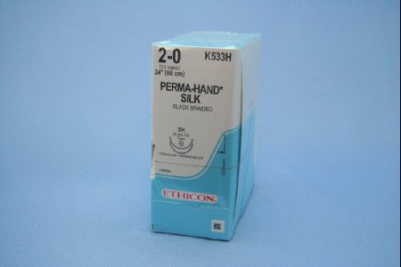 Picture of Suture with Needle Perma-Hand™ Nonabsorbable Coated Black Suture Braided Silk Size 2 - 0 24 Inch Suture Double-Armed 26 mm Length 1/2 Circle Taper Point NeedleK533H