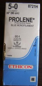 Picture of Suture with Needle Prolene™ Nonabsorbable Uncoated Blue Suture Monofilament Polypropylene Suture Size 5 - 0 36 Inch Suture Double-Armed 13 mm Length 3/8 Circle Taper Cut Needle8721H