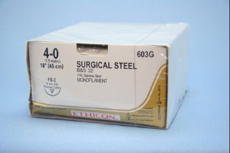 Picture of Suture with Needle Nonabsorbable Uncoated Silver Suture Stainless Steel Size 4 - 0 18 Inch Suture 1-Needle 19 mm Length 3/8 Circle Reverse Cutting Needle603G