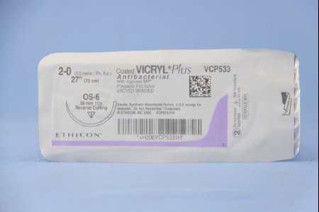 Picture of Antibacterial Suture with Needle Coated Vicryl™ Plus Absorbable Coated Undyed Suture Braided Polyglactin 910 with Irgacare MP Antibacterial Suture Size 2 - 0 27 Inch Suture 1-Needle 36.4 mm Length 1/2 Circle Reverse Cutting NeedleVCP533H