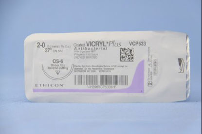 Picture of Antibacterial Suture with Needle Coated Vicryl™ Plus Absorbable Coated Undyed Suture Braided Polyglactin 910 with Irgacare MP Antibacterial Suture Size 2 - 0 27 Inch Suture 1-Needle 36.4 mm Length 1/2 Circle Reverse Cutting NeedleVCP533H