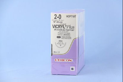Picture of Antibacterial Suture with Needle Coated Vicryl™ Plus Absorbable Coated Violet Suture Braided Polyglactin 910 with Irgacare MP Antibacterial Suture Size 2 - 0 18 Inch Suture 1-Needle 36.4 mm Length 1/2 Circle Reverse Cutting NeedleVCP710T