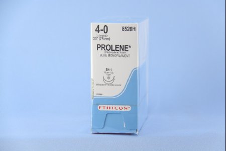 Picture of Suture with Needle Prolene™ Nonabsorbable Uncoated Blue Suture Monofilament Polypropylene Suture Size 4 - 0 30 Inch Suture Double-Armed 22 mm Length 1/2 Circle Taper Point Needle8526H